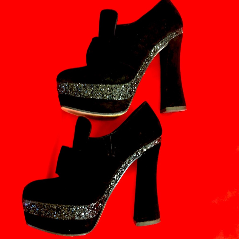 Mic Miu black suede bow booties with glitter platform
